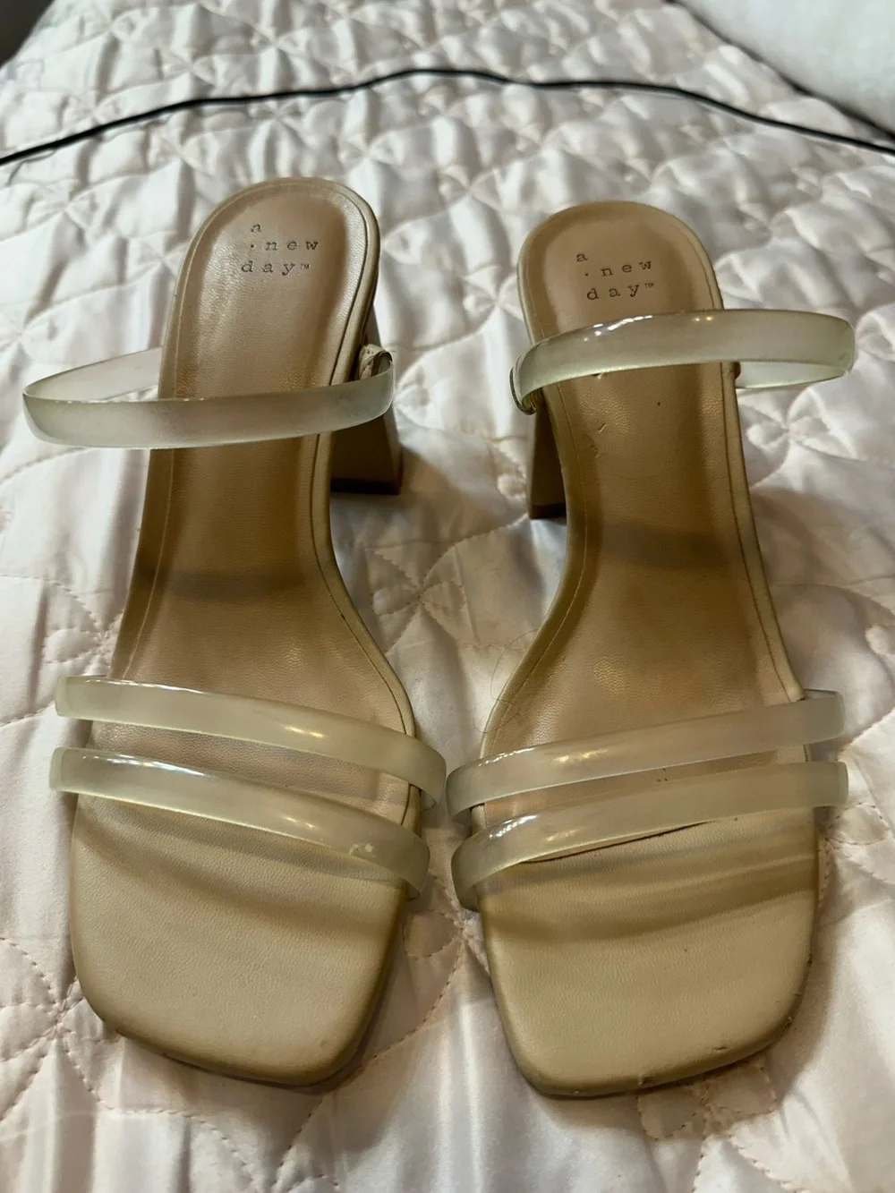 a new day Ivory Block Heel Slide Sandals with Clear Straps